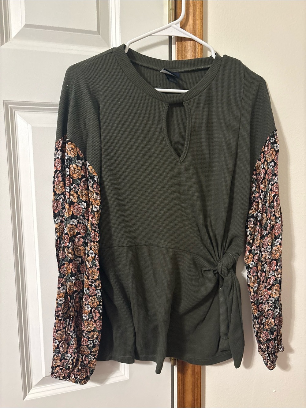 Daytrip Olive Green Knit Top with Floral Balloon Sleeves and Side Tie